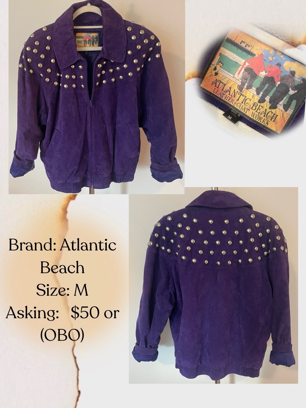 Women’s Vintage Purple Studded Suede Leather Jacket